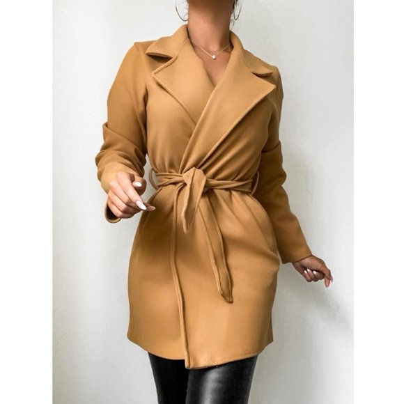 Camel Wool Blend Long Sleeve Belted Coat - Picture 9 of 11
